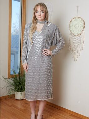 Vintage Diva Silk Silver Sequin and Bead V-Neck Art Deco Dress with Neck Scarf